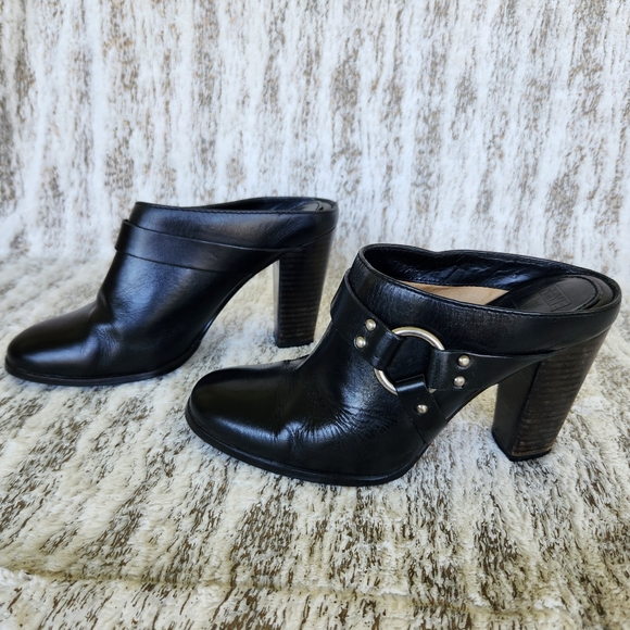 Frye "Laurie Harness Mule" Black Leather Moto Heeled Clogs | Women's Size 7 - Picture 6 of 12